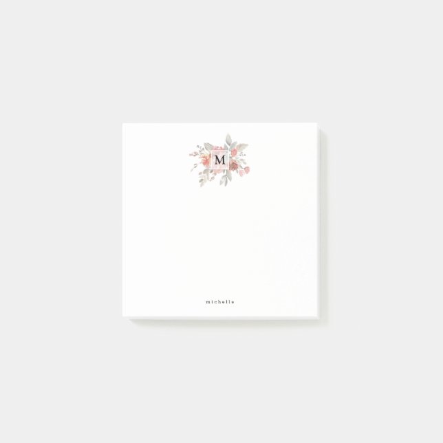 Elegantes Rosa Floral Monogramm Post-it Klebezettel (Vorderseite)