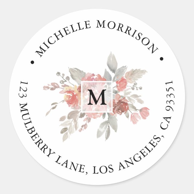 Elegantes Rosa Floral Monogramm Runder Aufkleber (Vorderseite)
