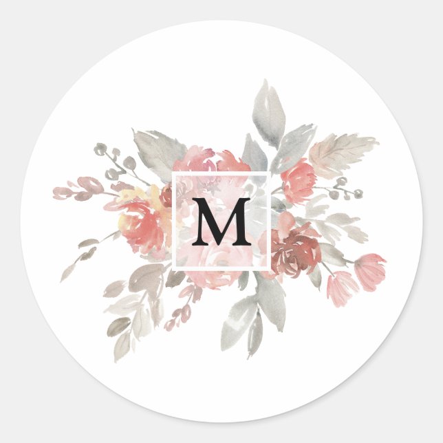 Elegantes Rosa Floral Monogramm Runder Aufkleber (Vorderseite)