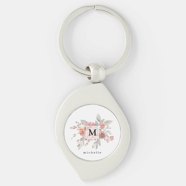 Elegantes Rosa Floral Monogramm Schlüsselanhänger (Vorderseite)