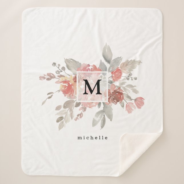 Elegantes Rosa Floral Monogramm Sherpadecke (Vorderseite)