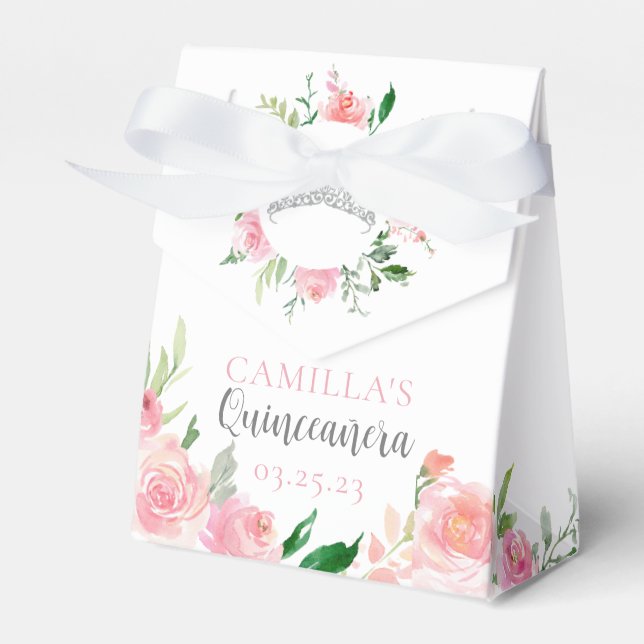 Elegantes Rosa Floral Quinceañera Silver Tiara Par Geschenkschachtel (Vorderseite)