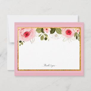 Elegantes rosa Floral- und Goldrahmen "Danke"  Mitteilungskarte