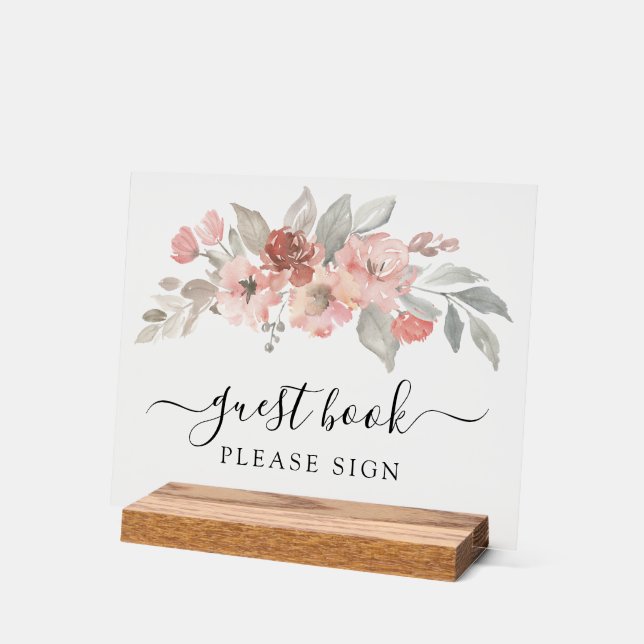 Elegantes Rosa Floral Watercolor Wedding Gästebuch Acrylschild (Winkel)