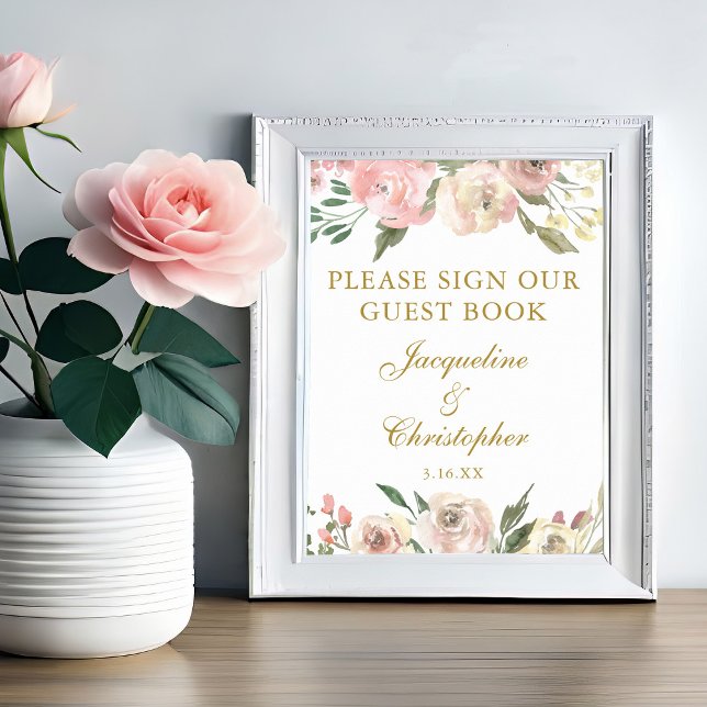 Elegantes Rosa Floral Wedding Sign Unser Gästebuch (Von Creator hochgeladen)