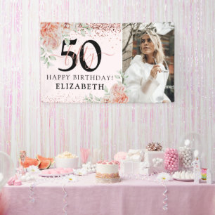 Elegantes rosa florales 50. Geburtstagsfoto Banner