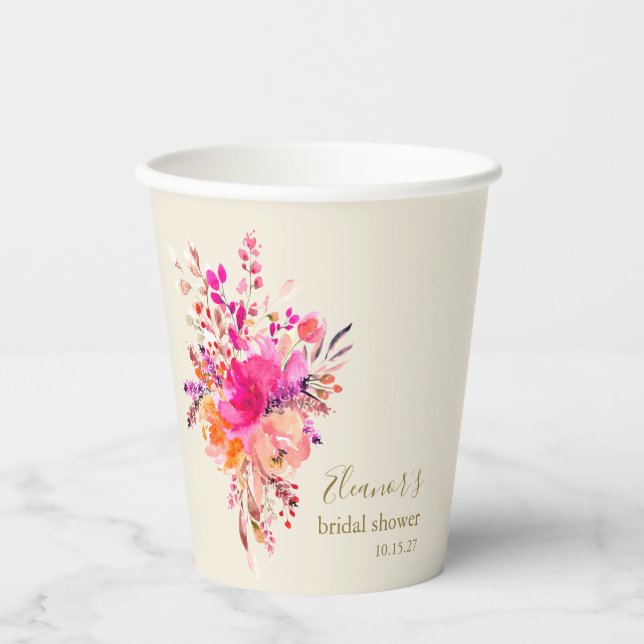 Elegantes, rosa, florales Brautparty Pappbecher (Vorderseite)