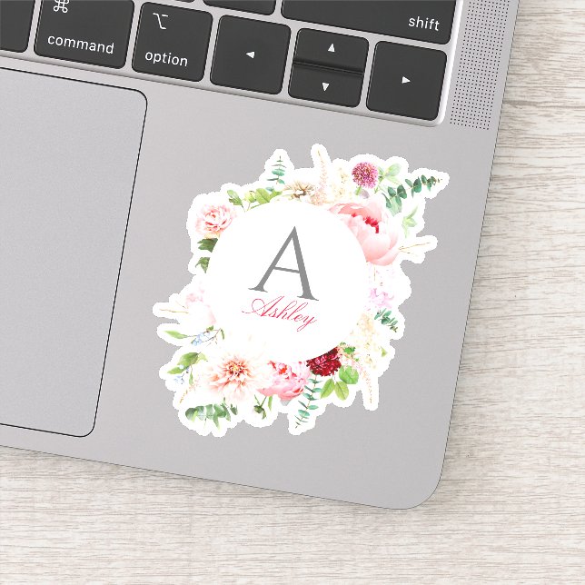 Elegantes rosa florales Circle Frame Monogramm Aufkleber (Detail)