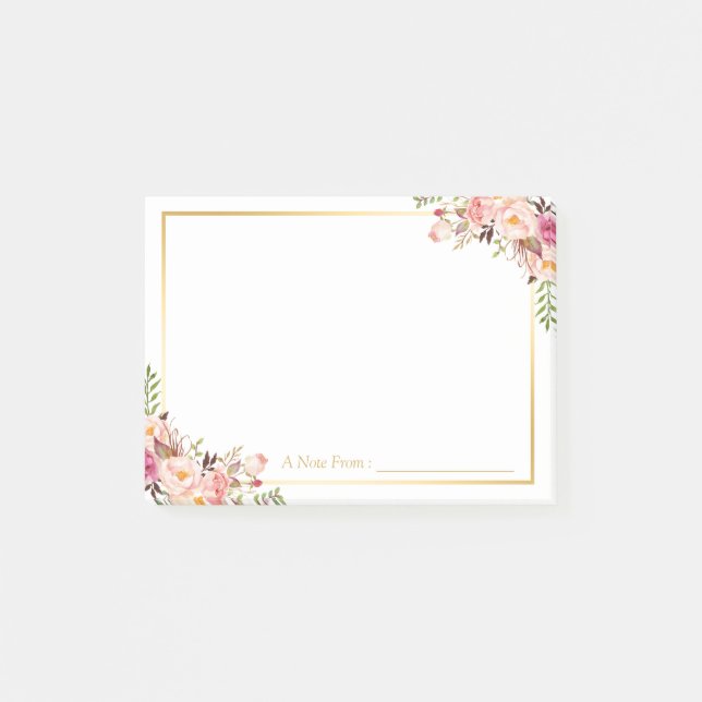Elegantes, rosa, florales Dekor mit Goldrahmen Post-it Klebezettel (Vorderseite)