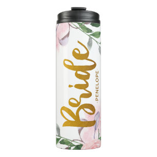 Elegantes rosa florales falsches Gold Braut Schrif Thermosbecher