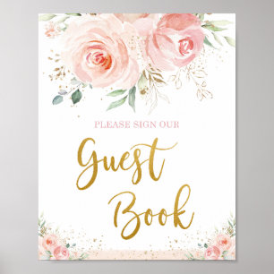 Elegantes Rosa Florales Gold Laub Gästebuch