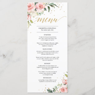 Elegantes, rosa, florales goldfarbenes Hochzeitsme Menükarte