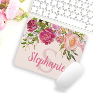 Elegantes rosa florales Grün Monogramm Name Anfang Mousepad