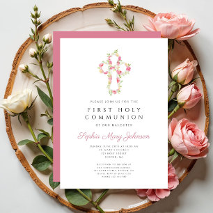 Elegantes rosa florales Kreuz Erste Kommunion Einladung