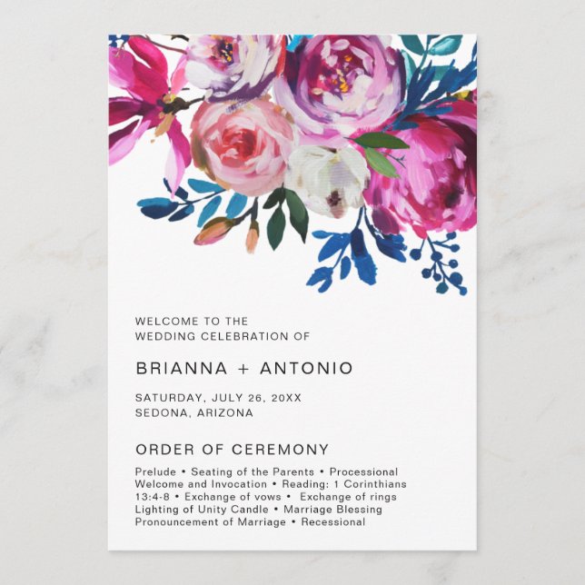 Elegantes rosa florales modernes Hochzeitsprogramm Programm (Vorderseite)