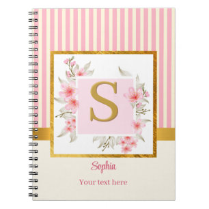 Elegantes rosa florales Monogramm und goldene Stre Notizblock