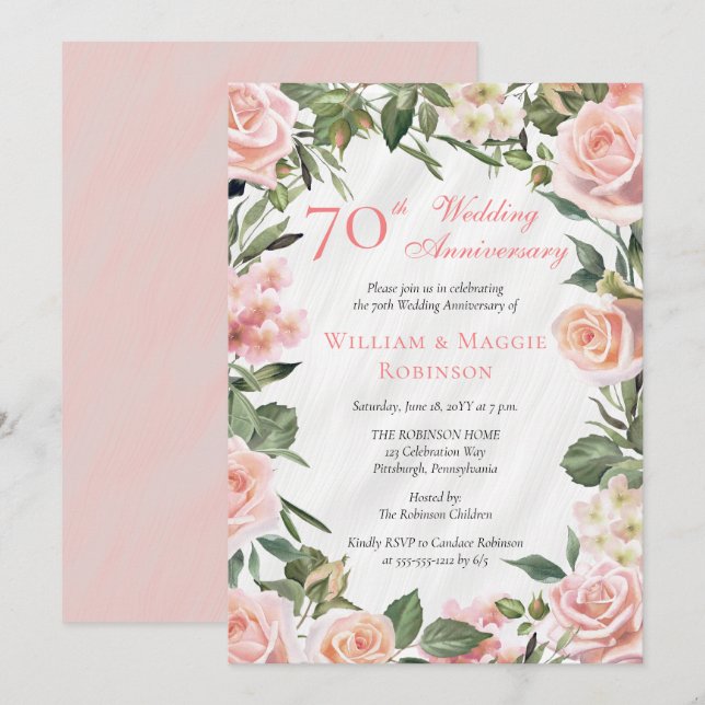 Elegantes rosa, florales Party zum 70. Hochzeitsta Einladung (Vorne/Hinten)