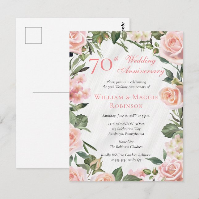 Elegantes rosa, florales Party zum 70. Hochzeitsta Postkarte (Vorne/Hinten)
