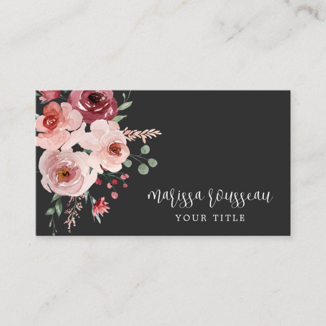 Elegantes rosa, florales Schwarz Visitenkarte (Vorderseite)