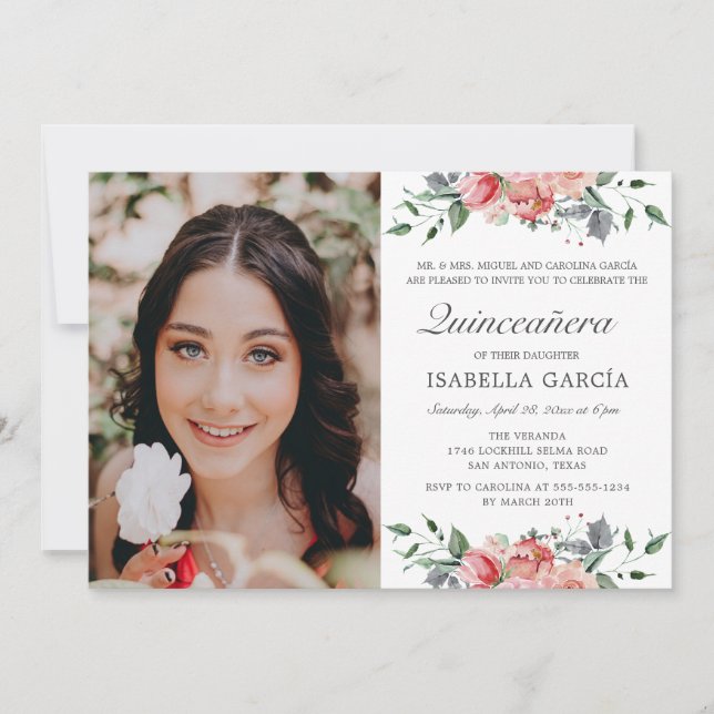 Elegantes rosa Foto Quinceañera Einladung (Vorderseite)