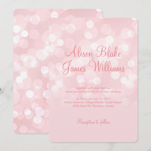 Elegantes Rosa funkelndes Bokeh Hochzeit Einladung (Vorne/Hinten)