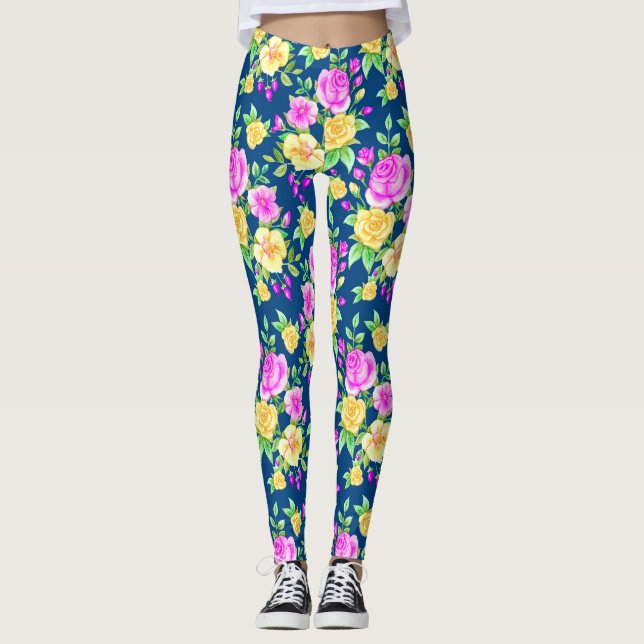 Elegantes rosa, gelbes Rosenmuster Leggings (Vorderseite)