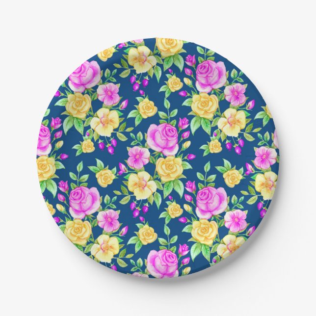 Elegantes rosa, gelbes Rosenmuster Pappteller (Vorderseite)