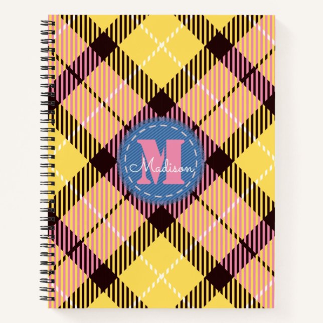 Elegantes rosa Gelbes Tartan Jeans Monogram Script Notizbuch (Vorderseite)