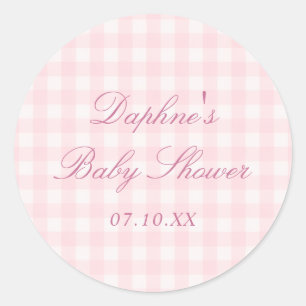 Elegantes rosa Gingham-Baby-Party Runder Aufkleber