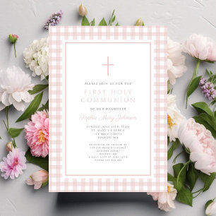 Elegantes rosa Gingham Mädchen Erste Kommunion Einladung