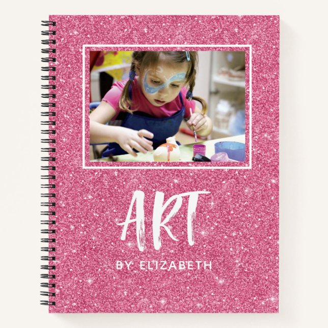Elegantes rosa Glitzer Foto Sketchbook mit Name Nr Notizbuch (Vorderseite)