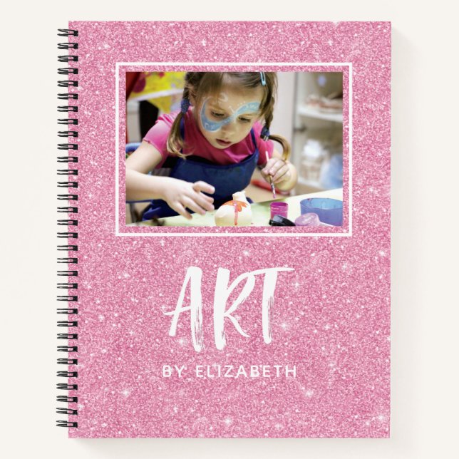 Elegantes rosa Glitzer Foto Sketchbook mit Namen Notizbuch (Vorderseite)