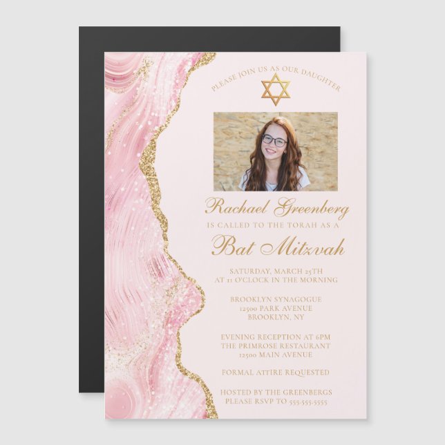 Elegantes Rosa Gold Agate Bat Mitzvah Foto Party Magneteinladung (Vorne/Hinten)