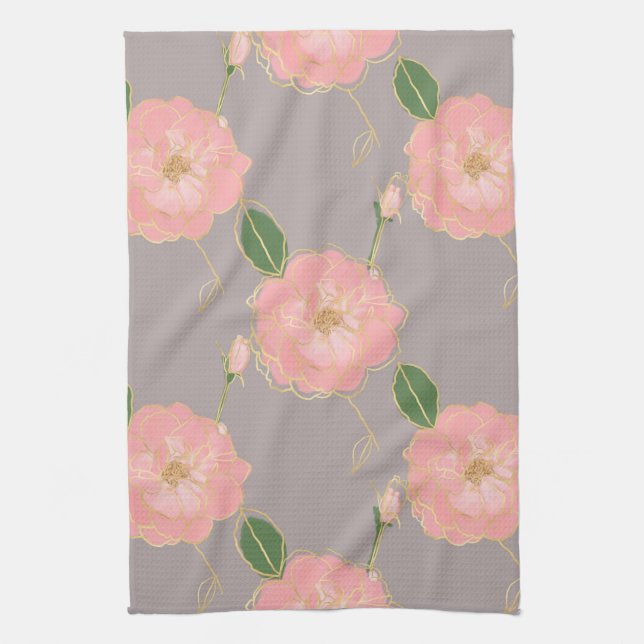 Elegantes Rosa & Gold Aquarellfarben Rose Grau Des Geschirrtuch (Vertikal)