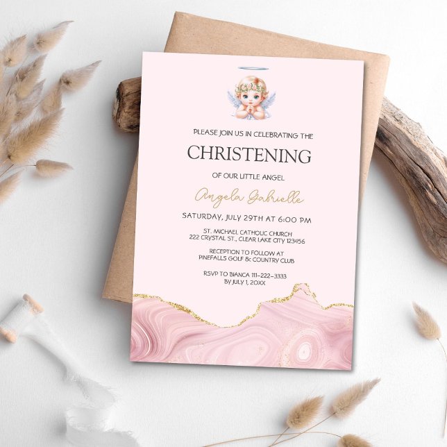 Elegantes Rosa & Gold Engel Taufen & Christening i Einladung (Von Creator hochgeladen)