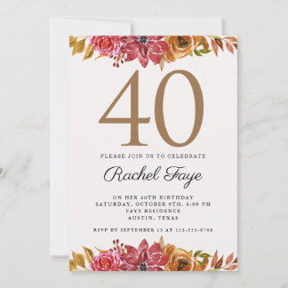Elegantes Rosa Gold Floral 40. Geburtstag Party In Einladung
