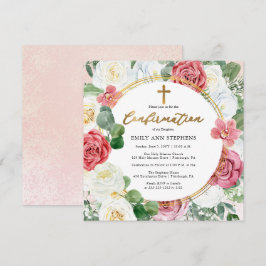 Elegantes Rosa | Gold Floral Frame Girl Confirmati Einladung