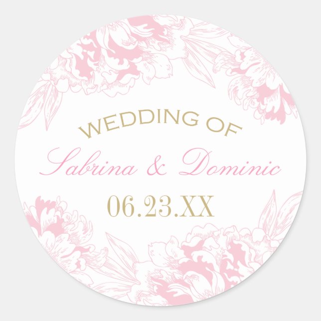Elegantes Rosa Gold Floral Peony Wedding Monogram Runder Aufkleber (Vorderseite)