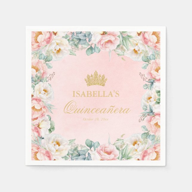 Elegantes Rosa Gold Floral Quinceñera Party Serviette (Vorderseite)