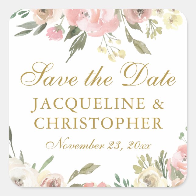Elegantes Rosa Gold Floral Save the Date Quadratischer Aufkleber (Vorderseite)