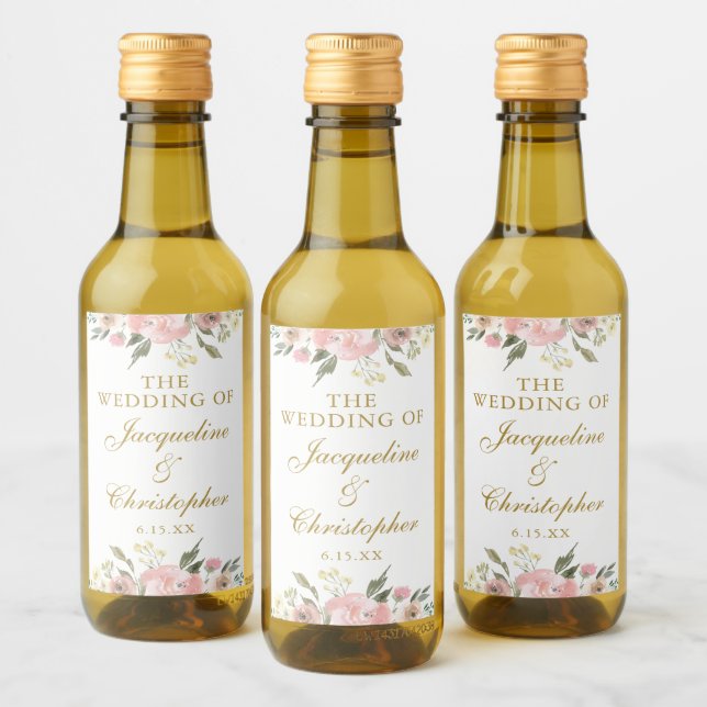 Elegantes Rosa Gold Floral Wedding Custom Mini Weinetikett (Flaschen)