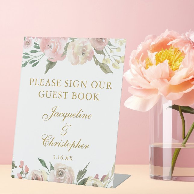 Elegantes Rosa Gold Floral Wedding Guest Book Sign Sockelschild (Von Creator hochgeladen)