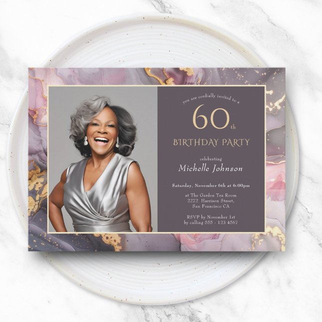 Elegantes Rosa Gold Foto 60. Geburtstag Einladung (Elegant Pink Gold Photo 60th Birthday Invitation)