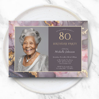 Elegantes Rosa Gold Foto 80. Geburtstag Einladung