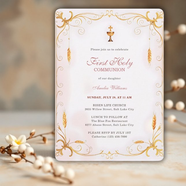 Elegantes Rosa & Gold Girl Einladung (Elegant First Holy Communion Invitation for Girl – Pink & Gold Chalice Design)