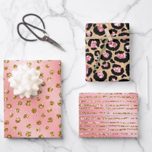 Elegantes rosa-gold-glitzerndes Schwarz-Cheetah-Le Geschenkpapier Set