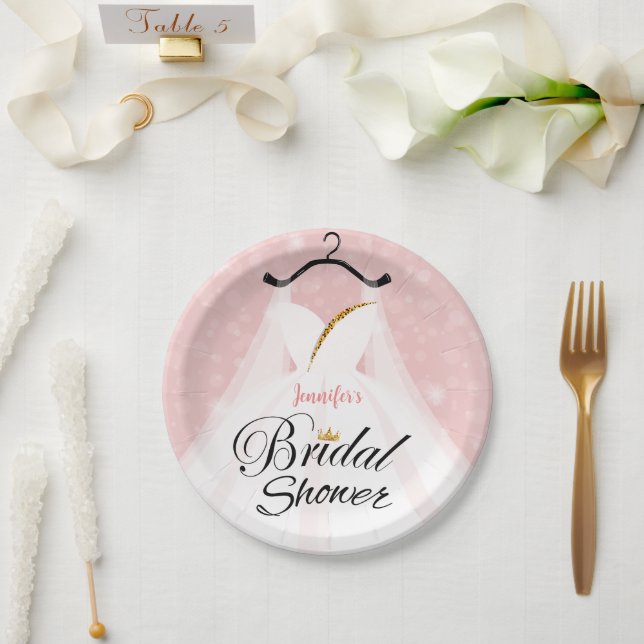 Elegantes Rosa & Gold Hochzeitskleid Brautparty Pappteller (Hochzeit)