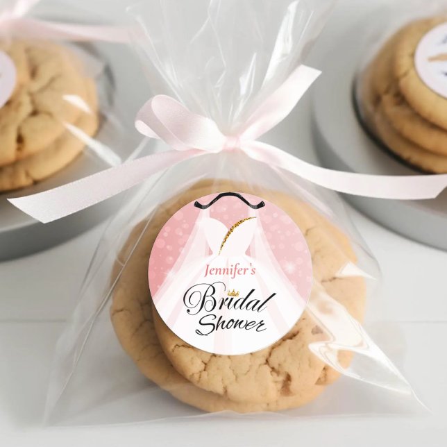 Elegantes Rosa & Gold Hochzeitskleid Brautparty Runder Aufkleber (Dridal Shower Favor Sticker)