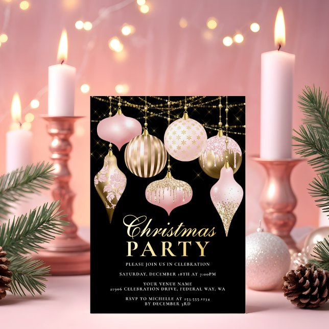 Elegantes Rosa Gold Ornamente Weihnachten Party Folieneinladung (Elegant Blush Pink Gold Ornaments Christmas Party Foil Invitation)
