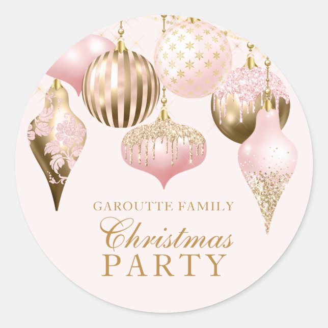 Elegantes Rosa Gold Ornamente Weihnachten Party Runder Aufkleber (Vorderseite)